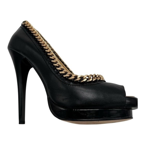 Giuseppe Zanotti Black Leather Peep Toe Heels Gold Chain Detail Size 6.5 - Picture 5 of 13